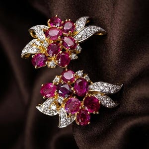 May include: A pair of gold earrings with clusters of oval-cut, deep red gemstones, and small, sparkling white stones. The earrings have a floral design with curved, leaf-like elements.