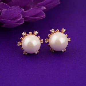 Minimalist Pearl Stud Earrings, 14k Rose Gold Plated Earrings, Pearl with Round Diamond Accent, Handmade Push Back, Stud Earring for Girls