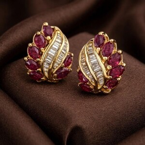 Ruby Red Gemstone Earrings, 925 Sterling Silver / 14K Yellow Gold Stud Earrings, Vintage Leaf Design Diamond Look Earrings, Gift for Her