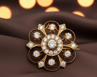 Diamond round vintage brooch in 14K Gold Plated Silver statement gift for her