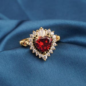 Red Heart Women&#39;s Ring, 14k Gold Plated, Red Garnet Gemstone Ring, Heart Cut Halo Ring With Diamond Accent Ring Sterling Silver Ring For Her