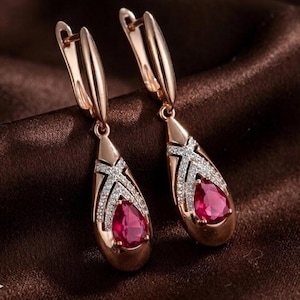 925 Sterling Silver Ruby Drop Earrings, Gold Plated Diamond Halo Dangle Earrings, Red Gemstone Bridal Jewelry, Luxury Statement Gift for Her