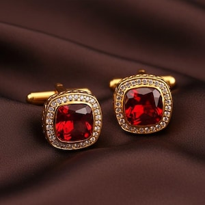 Red Ruby Cufflinks, 14k Gold Plated Cushion Cuff, Wedding Jewelry, 925 silver Cufflink