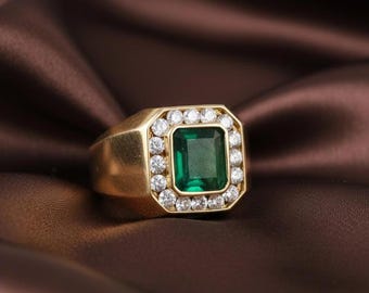 Smaragdgroene herenring, groene smaragdgroene diamanten haloring, 925 sterlingzilver 14 kt verguld, luxe zegelring voor heren