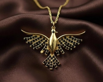 Flying Bird Necklace, Black Stone Charm Bird, 925 Silver 14k Gold plated Jewelry, Elegant Animal Pendant gifts for her