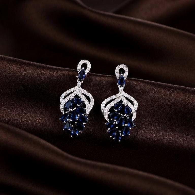 Sapphire Teardrop Earrings, 14K Gold Plated Sterling Silver, Pear Shape Dangle Jewelry