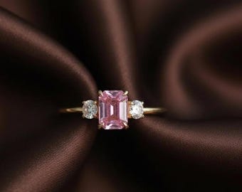 Pink Sapphire Engagement Ring, Three Stone Ring, 925 Sterling Silver 14K Yellow Gold Plated, Diamond Accent Ring, Gift for Her
