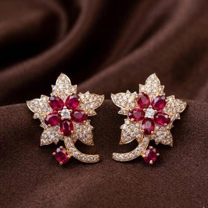 Ruby Floral Stud Earrings, 925 Sterling Silver 14K Gold Plated, Diamond Flower Earrings, Vintage Leaf Design, Bridal Jewelry Gift for Her