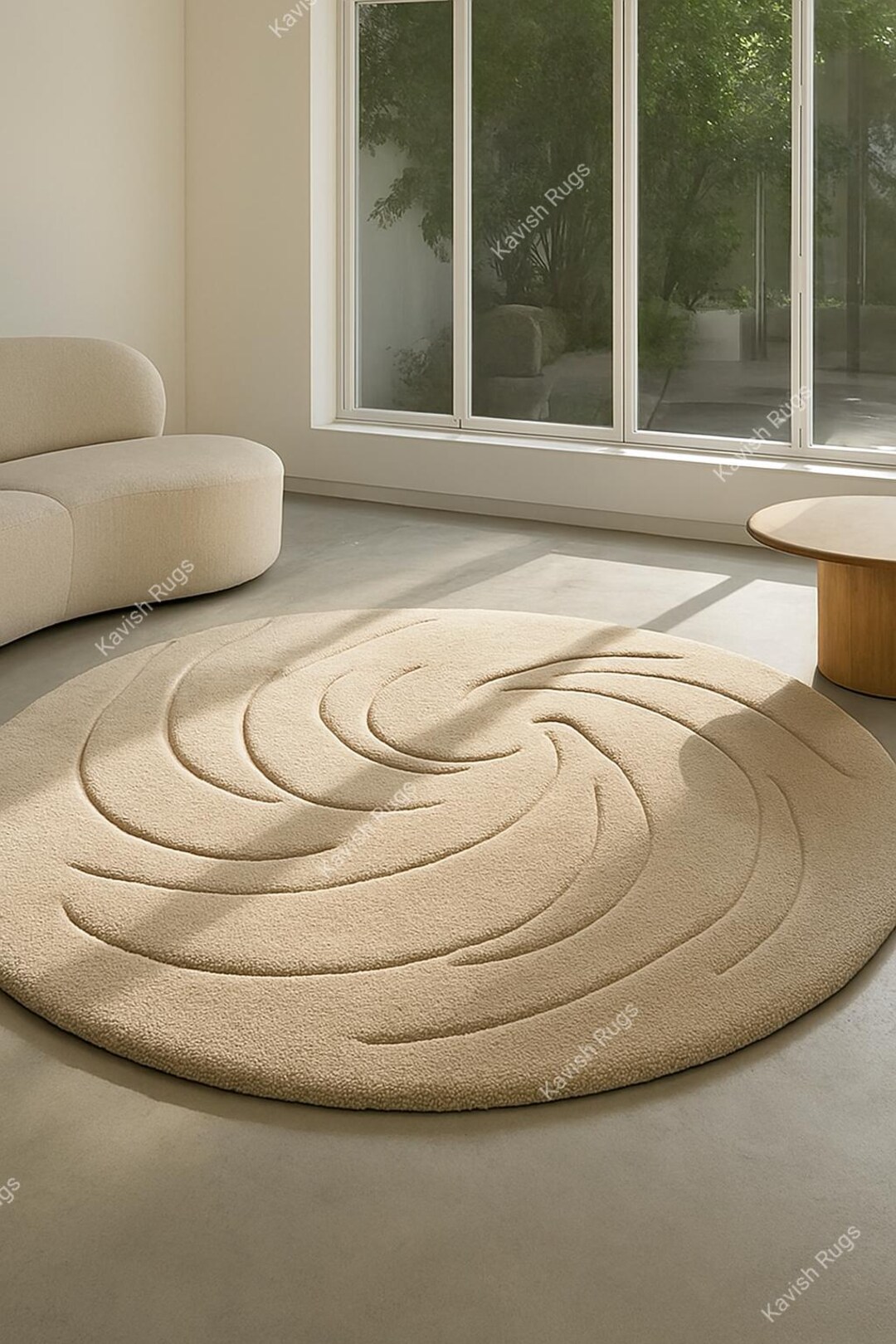 Handmade Round Wool Rug|4ft| Beige Spiral Swirl, Modern Minimalist ...