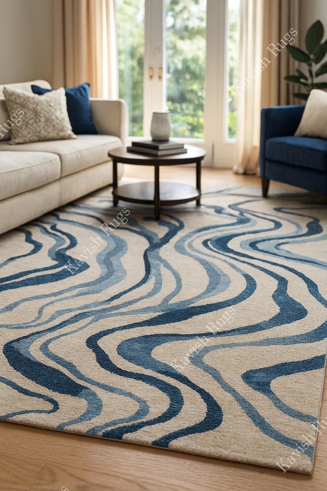 Blue Navy Wavy Abstract Area Rug – Handmade Tufted Wool Carpet | Modern ...