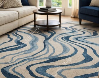 Blue Navy  Wavy Abstract Area Rug – Handmade Tufted Wool Carpet | Modern Living Room & Bedroom Decor | 8x10, 9x12