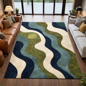 Handgemaakt getuft wollen vloerkleed – blauwgroen beige abstract golvend vloerkleed | Modern woonkamertapijt | Zachte textuur | 6 x 9, 8 x 10, 9 x 12 inch
