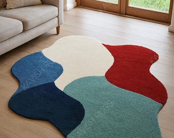 Tappeto moderno irregolare astratto blu rosso crema verde acqua, tappeto in lana fatto a mano per soggiorno, arredamento per camera da letto, tappeto artistico a blocchi di colore