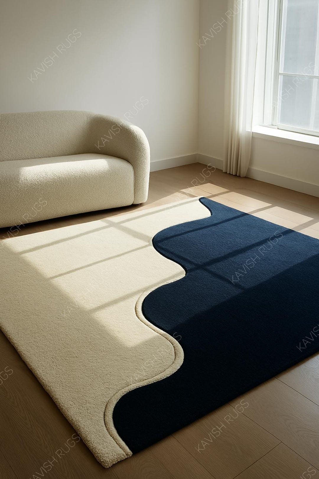 Handmade Tufted Wool Rug | Navy Blue White Abstract Wavy Carpet ...