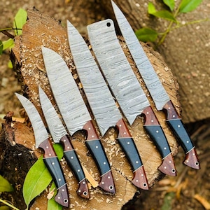 6 Pcs Damascus Carbon Steel Chef Set, handmade Kitchen knives, Hand Forged Chef knives Set, Damascus Chef knife, Anniversary & Birthday Gift