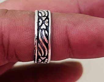 Oxidierter Sterling Silber Bandring | Vintage Blumenmuster, Unisex