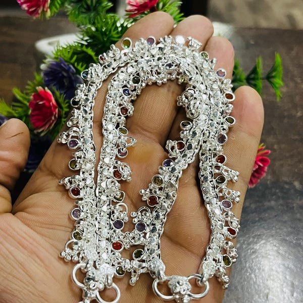 925 Sterling Silver Ghungroo Anklets | Handmade Indian Multi-Color Stone Pair