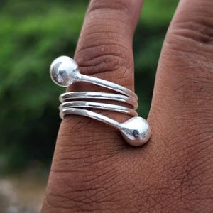 Handmade 925 Sterling Silver Double Ball Ring | Adjustable Wrap Band | Modern Boho Statement Jewelry | Unique Unisex Silver Gift For Love