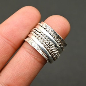Wide Silver Spinner Ring | Textured Sterling Meditation Ring | Fidget Ring with Braided Bands | Anxiety Relief Jewelry for Men & Women