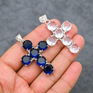 Set Off 2 Women Pendant Blue Sapphire & CZ Cross Pendant – 925 Sterling Silver Gemstone Necklace – Christian Religious Jewelry Gift for Her