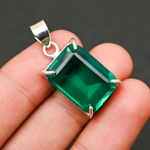 Emerald Cut Green Gemstone Pendant | Natural Emerald in 925 Sterling Silver | May Birthstone Necklace | Handmade Crystal Jewelry Gift