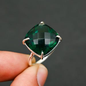 Emerald Green Ring | Cushion Cut Statement Ring | Bold Gemstone Jewelry | Deep Green Crystal Ring | Sterling Silver Boho Ring | Gift for Her
