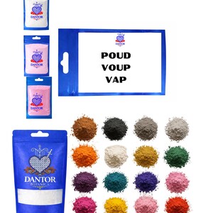 May include: An assortment of colorful powders and packaged products. The image features various shades of powders, including brown, black, and green, alongside pouches with the "Dantor" logo and text "POUD VOUP VAP".