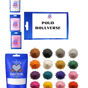 May include: An assortment of colorful powders and packaged products. The image features various shades of powder, including brown, black, gray, orange, white, yellow, green, purple, teal, blue, pink, and red. Several packages are labeled "DANTOR" and "BOTANICA".