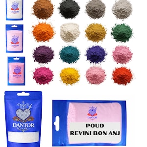 May include: An assortment of colorful powders and packaged products. The powders are in various shades, including brown, black, white, orange, yellow, green, purple, teal, blue, pink, and red. The packages feature the "DANTOR" logo and text.