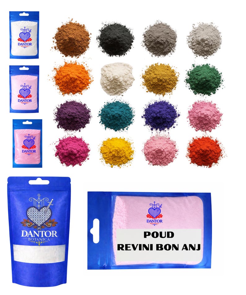 May include: An assortment of colorful powders and packaged products. The powders are in various shades, including brown, black, white, orange, yellow, green, purple, teal, blue, pink, and red. The packages feature the "DANTOR" logo and text.