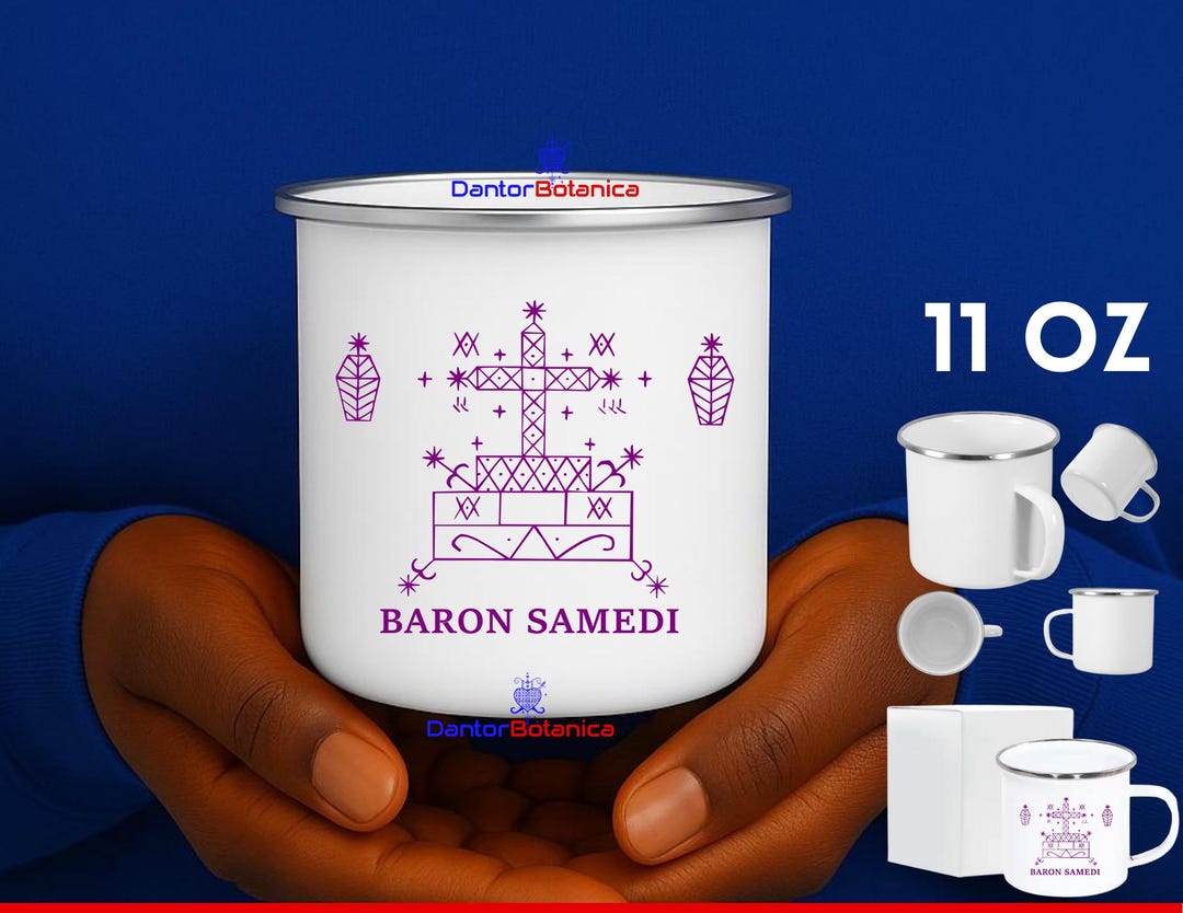 BARON SAMEDI, Gede Nibo Haloween Mug, Veve Kode Emaye Lwa, Kode Lwa