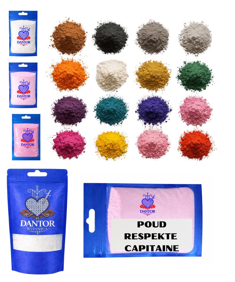 May include: A collection of colorful powder pigments and packaged products. The image features various shades of powder, including brown, black, gray, orange, white, yellow, green, purple, teal, blue, pink, and red. Several packages display the "DANTOR" logo.