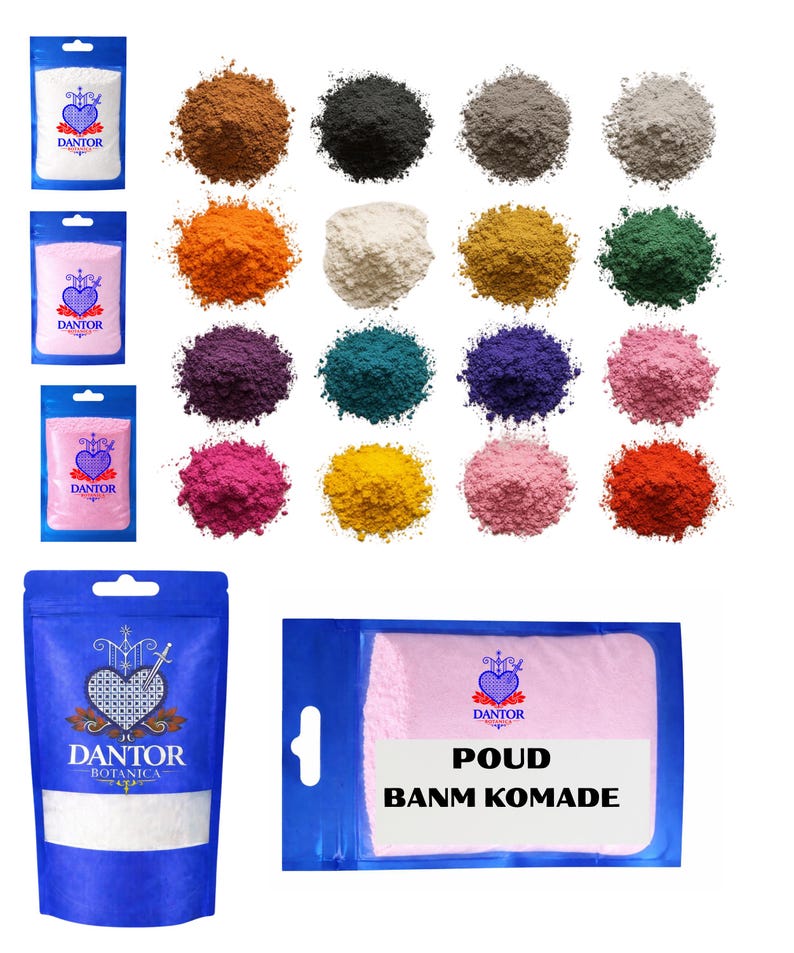 May include: An assortment of colorful powders and packaged products. The image features various shades of powders, including brown, black, gray, orange, white, yellow, green, purple, teal, blue, pink, and red. Several packages with the "DANTOR" logo are also visible.