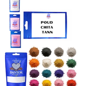 May include: Assortment of colorful powders and packaged products. The image features various shades of powders, including brown, black, gray, orange, white, yellow, green, purple, teal, blue, pink, and red. Several packages are labeled "DANTOR" and "BOTANICA".