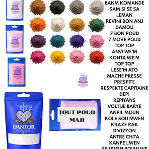 May include: An assortment of colorful powders in small, sealed bags, with a blue and white logo. The image also features a variety of loose powders in different hues, and text in a foreign language. The text on one package reads "TOUT POUD MAJI".