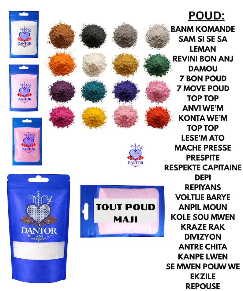 May include: An assortment of colorful powders in small, sealed bags, with a blue and white logo. The image also features a variety of loose powders in different hues, and text in a foreign language. The text on one package reads "TOUT POUD MAJI".