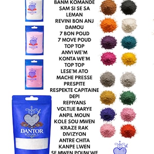 May include: An assortment of colorful powders and packaged products from Dantor Botanica. The image features various powder colors, including brown, black, orange, white, purple, teal, pink, yellow, gray, and green. The packaging includes white, pink, and blue pouches with the Dantor Botanica logo and text.