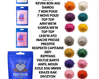 May include: An assortment of colorful powders and packaged products from Dantor Botanica. The image features various powder colors, including brown, black, orange, white, purple, teal, pink, yellow, gray, and green. The packaging includes white, pink, and blue pouches with the Dantor Botanica logo and text.