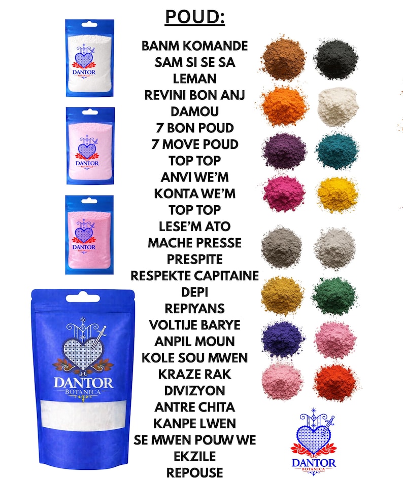 May include: An assortment of colorful powders and packaged products from Dantor Botanica. The image features various powder colors, including brown, black, orange, white, purple, teal, pink, yellow, gray, and green. The packaging includes white, pink, and blue pouches with the Dantor Botanica logo and text.