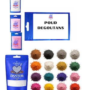 May include: Assortment of colorful powders and packaged products. The image features various shades of powders, including brown, black, and green, alongside packages with the "Dantor" logo and the text "Poud Degoutans".