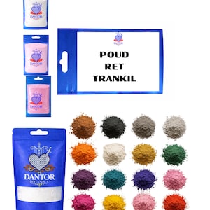 May include: An assortment of colorful powders and packaged products. The image features small bags of white and pink powder with a heart design, a larger blue bag with white powder, and various piles of colored powder.