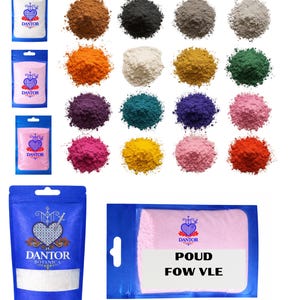 May include: An assortment of colorful powders and packaged products. The powders are in various shades, including brown, black, gray, orange, white, yellow, green, purple, teal, blue, pink, and red. The packages display the "DANTOR" logo and text.