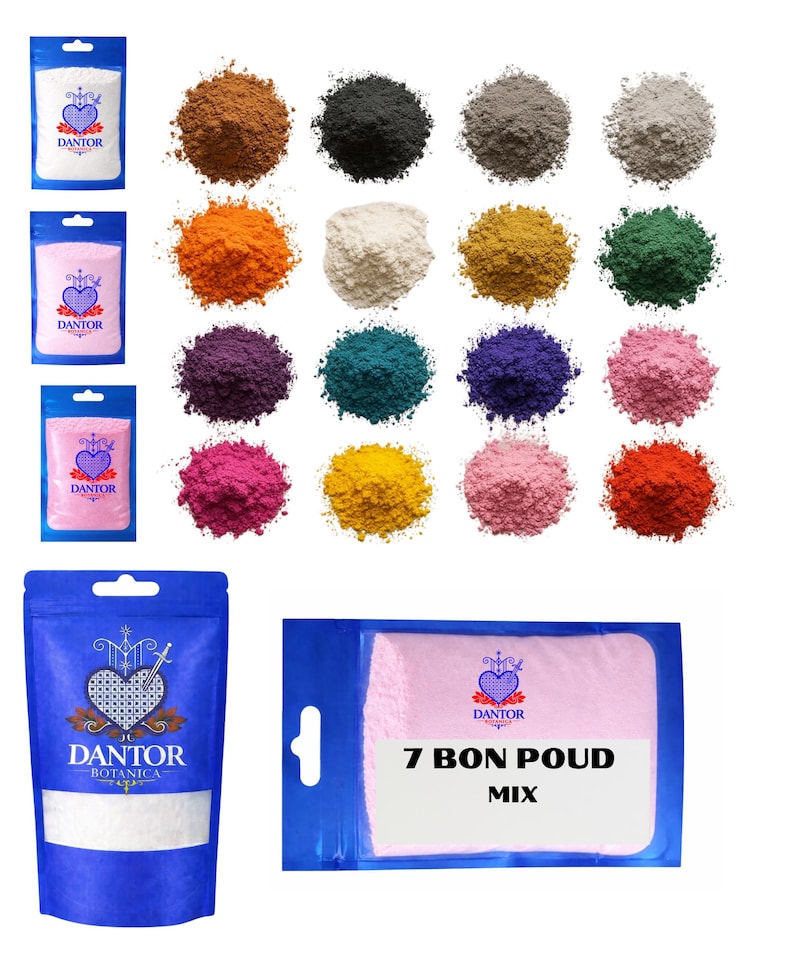 May include: An assortment of colorful powders and packaged products. The powders are in various shades, including brown, black, gray, orange, white, yellow, green, purple, teal, blue, pink, and red. The packages feature the "DANTOR" logo and the text "7 BON POUD MIX".