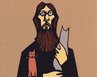 Rasputin Holding Cats - screen print with glowing eyes