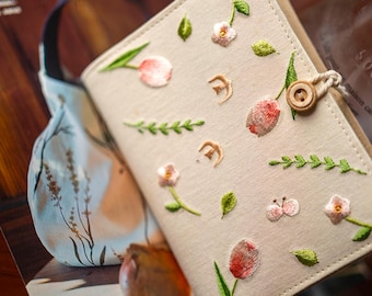 Tulips Hand Embroidered Notebook,Personalized Journal Notebook A6 A5,Cloth Binder Rings Journal,Handmade Notebook,Custom Journal