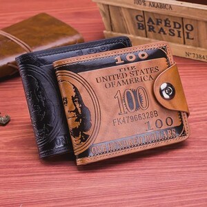 Cartera de piel sintética para hombre estilo vintage, gran capacidad, con diseño de 100 dólares estadounidenses y tarjetero con foto.