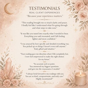 May include: A beige and brown testimonial graphic with floral and crystal accents. The text reads "TESTIMONIALS" and includes client experiences and quotes. A lit candle and a crescent moon are also featured.