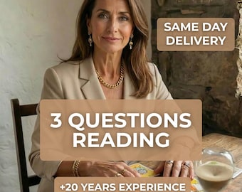 May include: A woman in a tan blazer with gold jewelry sits at a wooden table with tarot cards and an hourglass. The image includes text that reads "3 QUESTIONS READING" and "+20 YEARS EXPERIENCE".