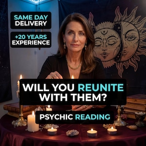 Op de afbeelding: Een vrouw met een gouden ketting en oorbellen staat centraal in de afbeelding. De tekst luidt "WILL YOU REUNITE WITH THEM? PSYCHIC READING." De achtergrond omvat kaarsen, boeken en een wandtapijt met hemelse ontwerpen.