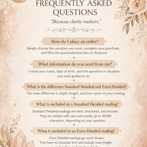 May include: A beige and brown graphic with the text "FREQUENTLY ASKED QUESTIONS" and "Because clarity matters." The image includes text about ordering, information needed, and reading details. Floral and crystal illustrations are also present.